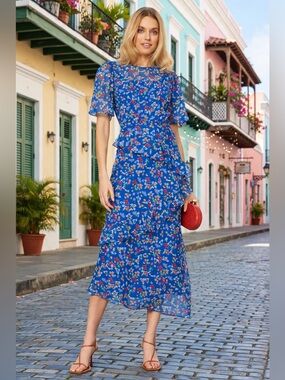 SALONI Vida Ruffled Dress Blue Floral Midi Dress with Ruffle Detail Sz US 6